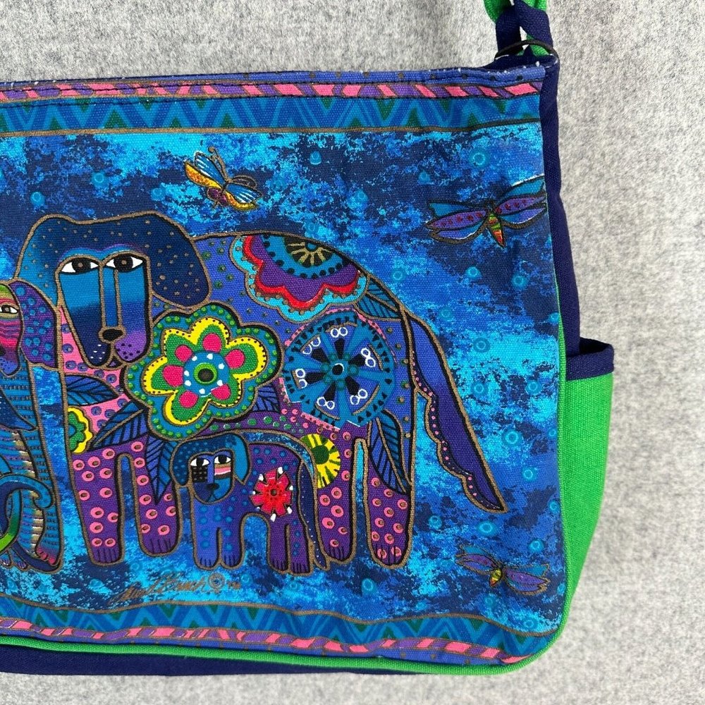 Laurel Burch Purse Shoulder Bag Colorful Vibrant Blue Dogs Sequins Canvas Tote - Picture 15 of 16